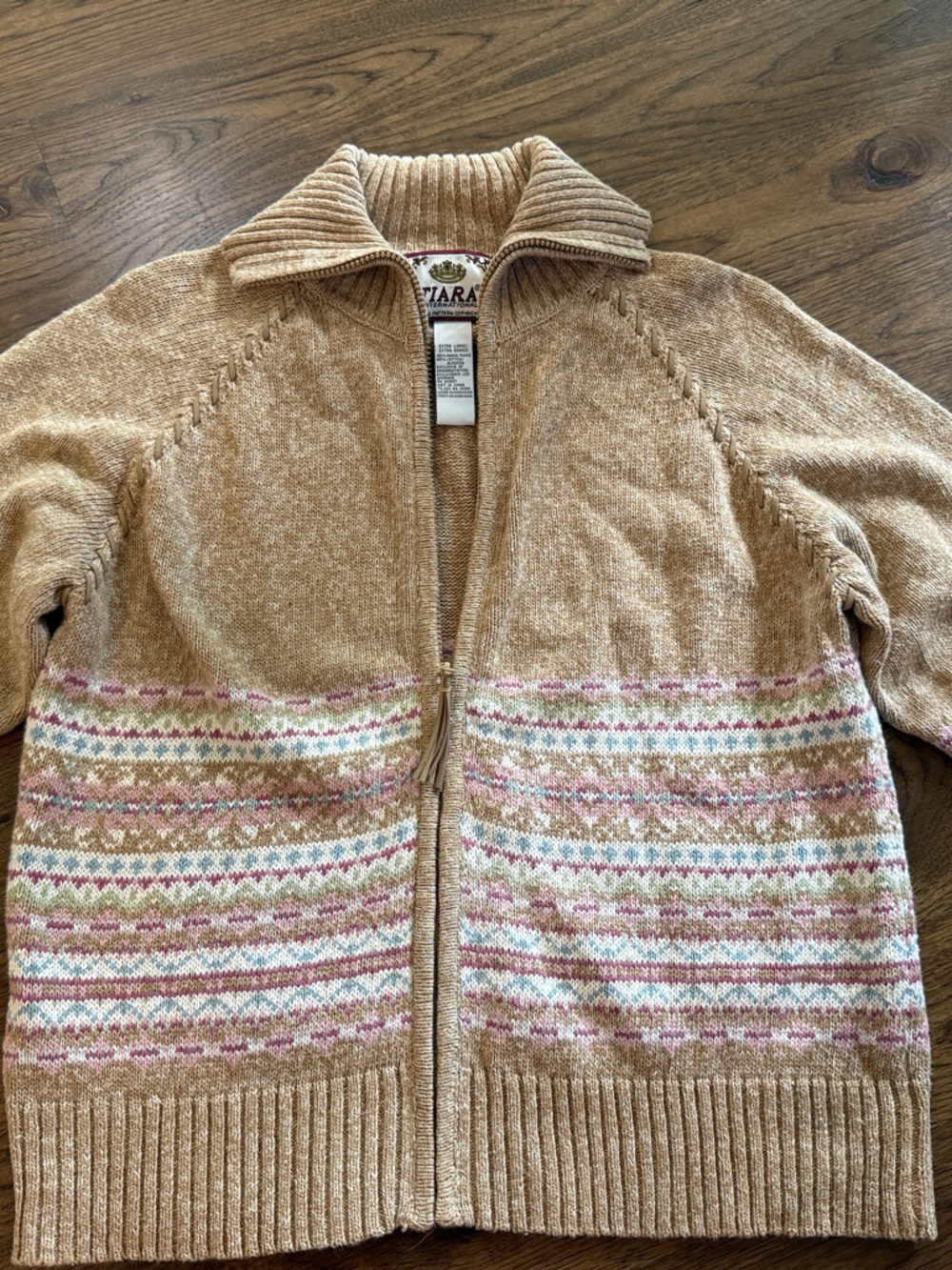Zip-Front Tiara International Cardiga Sweater in Beige with Pink & Cream Accents